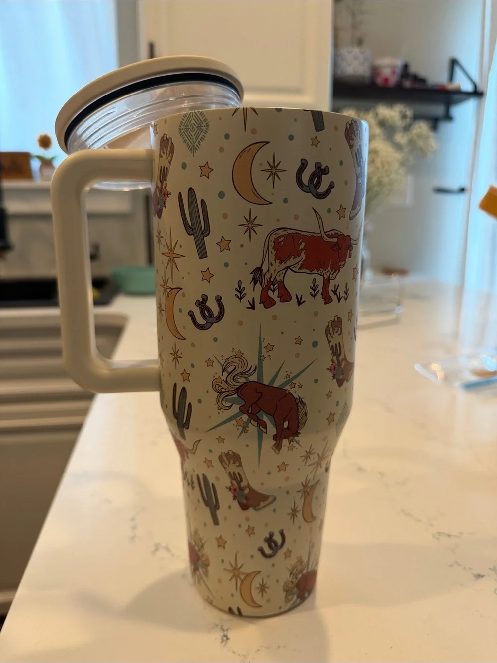 Hydro Flask Cream Travel Tumbler with Western Cattle & Cactus Design